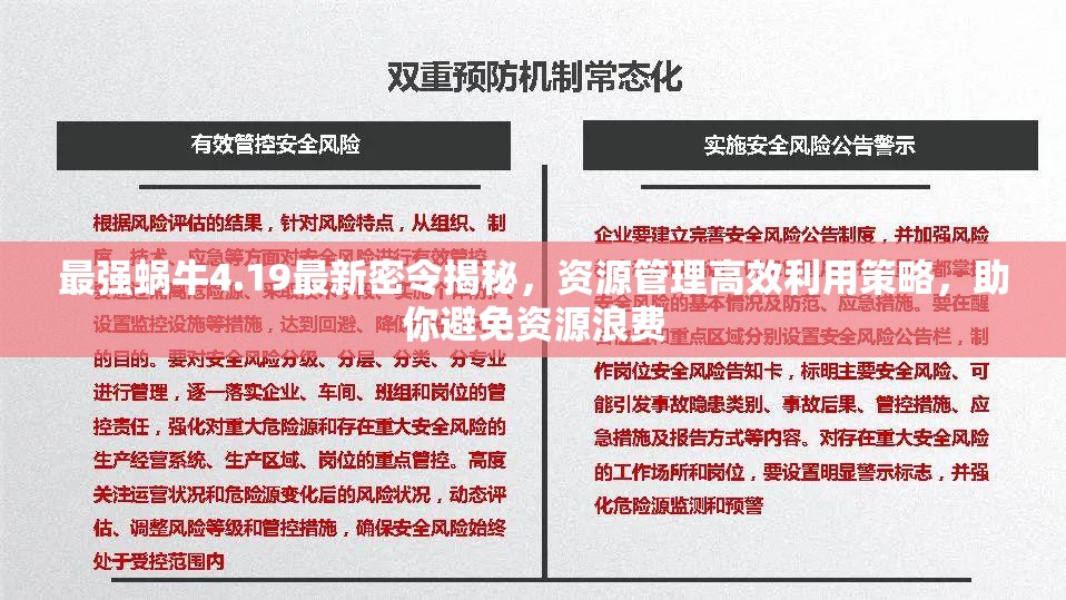 最强蜗牛4.19最新密令揭秘，资源管理高效利用策略，助你避免资源浪费