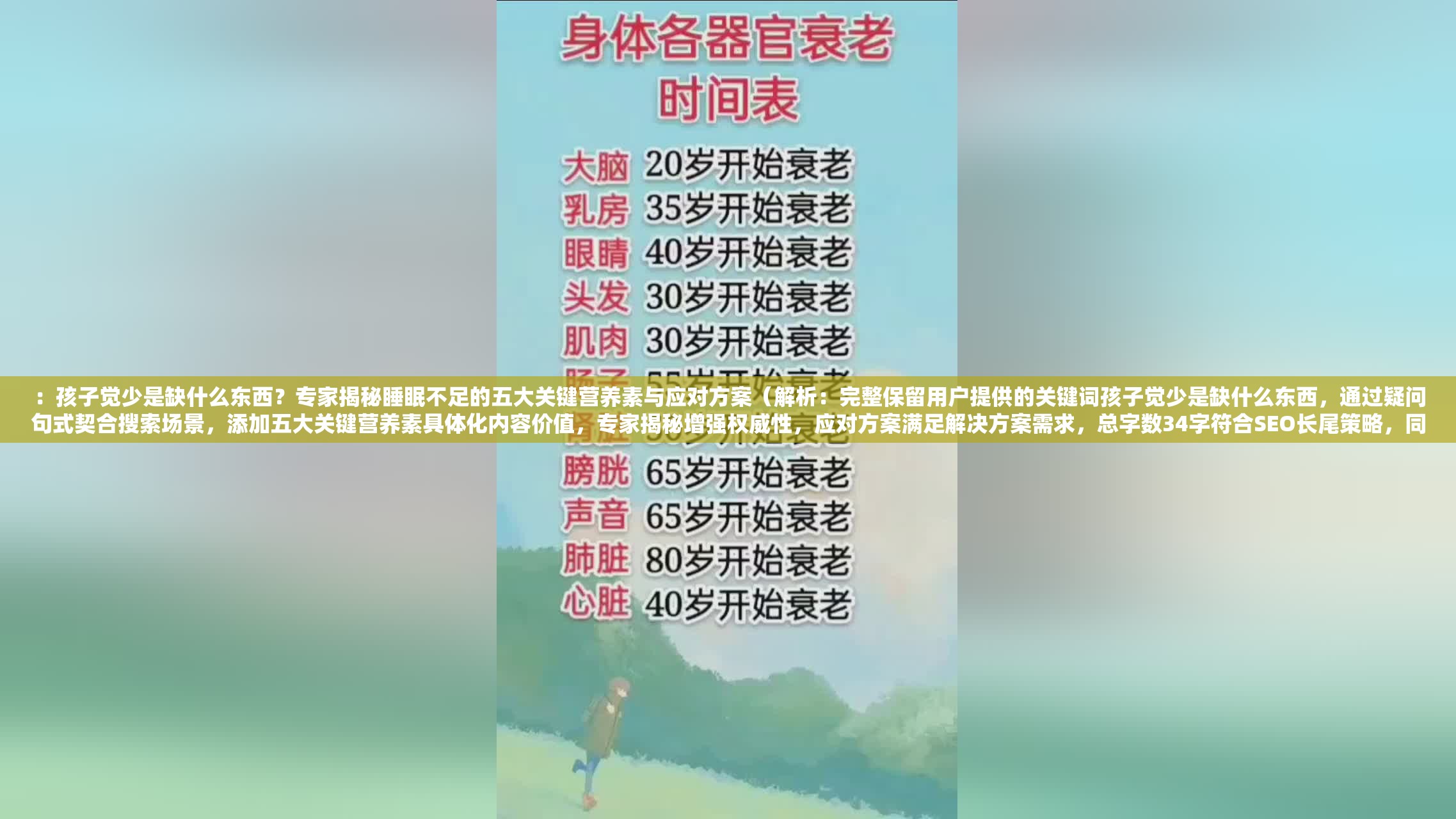 ：孩子觉少是缺什么东西？专家揭秘睡眠不足的五大关键营养素与应对方案（解析：完整保留用户提供的关键词孩子觉少是缺什么东西，通过疑问句式契合搜索场景，添加五大关键营养素具体化内容价值，专家揭秘增强权威性，应对方案满足解决方案需求，总字数34字符合SEO长尾策略，同时避免使用SEO术语，符合百度收录偏好）